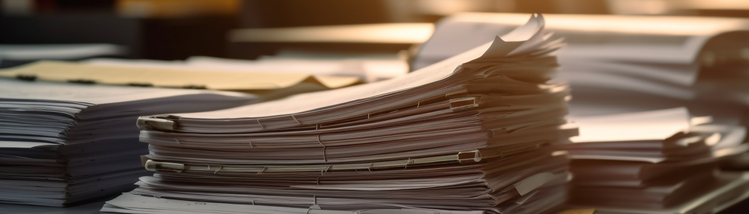 Corporate business paperwork stack on messy desk generated by AI